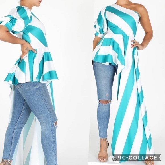 Ready for 🌞! Aqua Green & White One Shoulder Top - Picture 3 of 5
